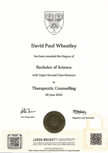 David Paul Wheatley has been awarded the degree of Bachelor of Science in Therapuetic Counselling